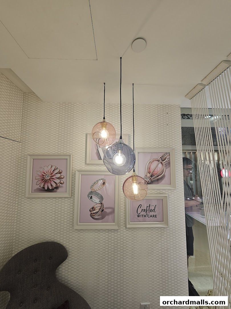 Interior shot of a Pandora store with decorative lights and framed jewelry images.