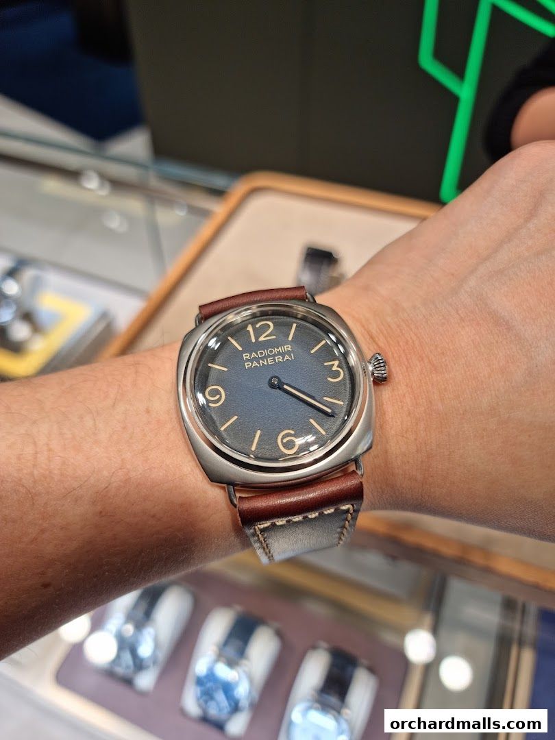 A close-up shot of a Panerai Radiomir watch on a person's wrist.