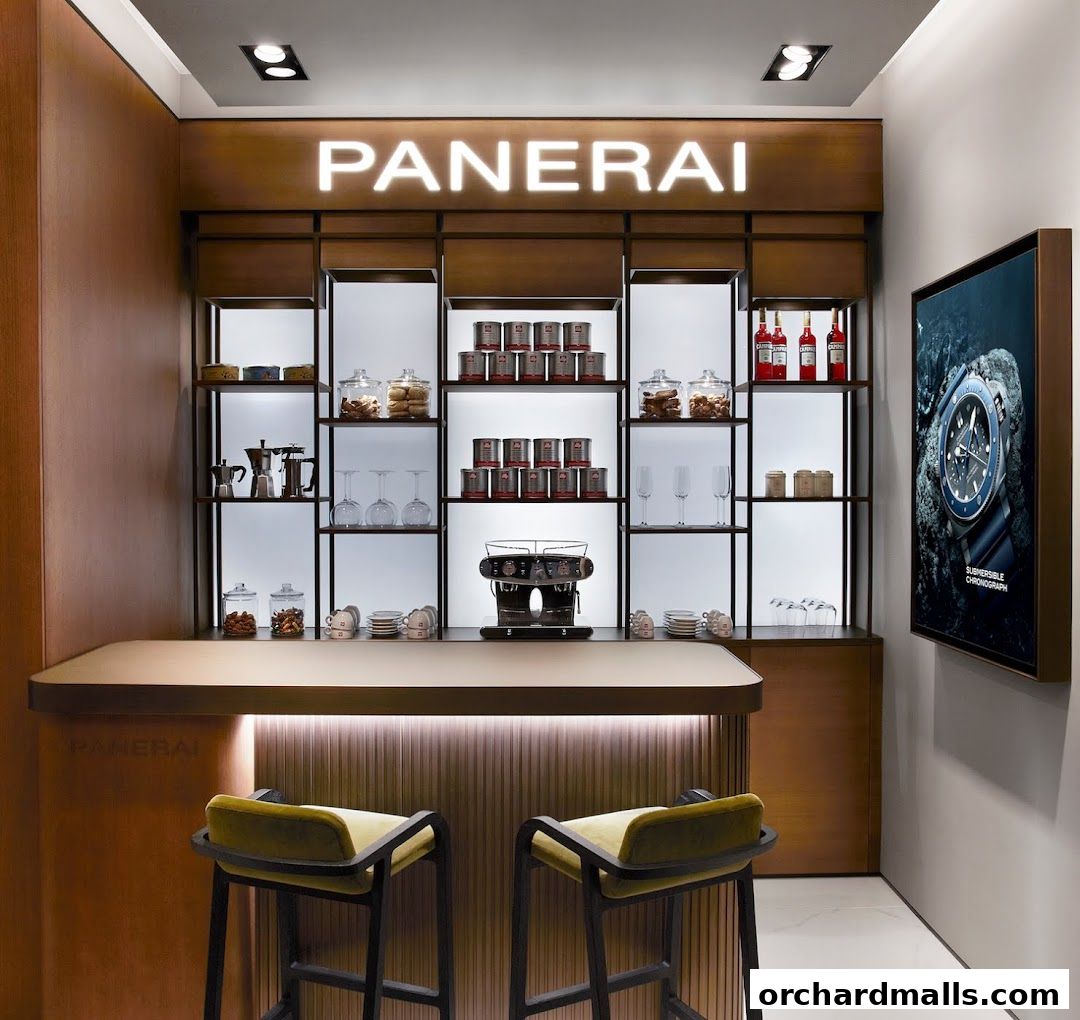 A stylish Panerai boutique interior with a coffee bar, display shelves, and a watch advertisement.