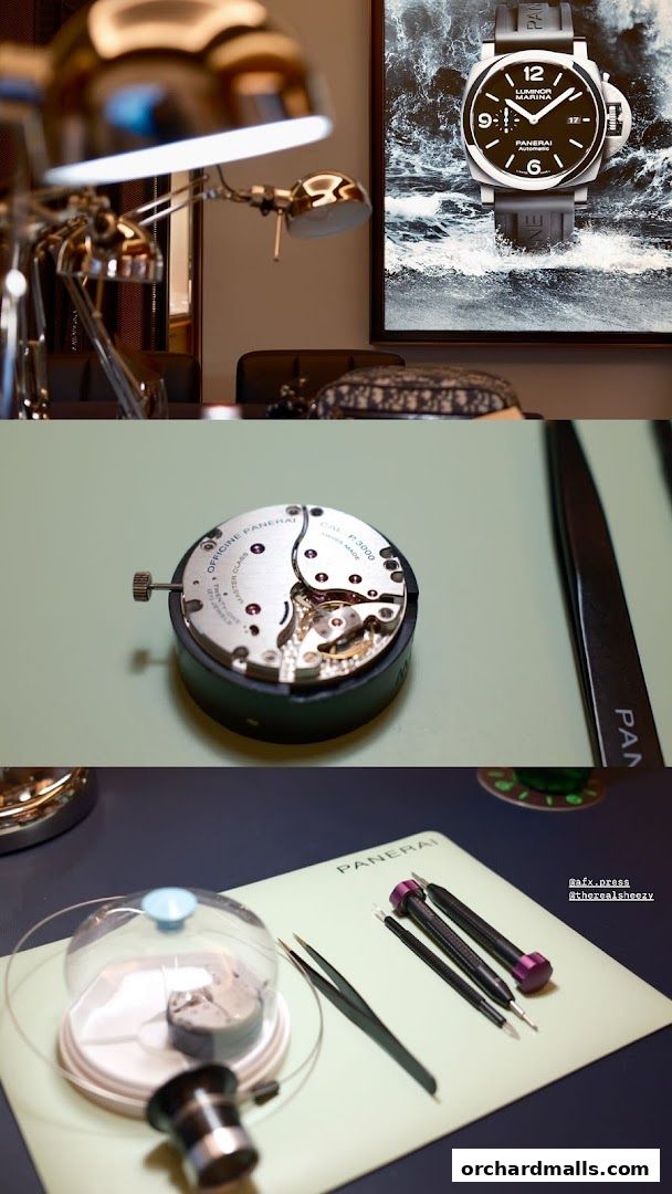A close-up view of Panerai watchmaking tools and a watch movement.