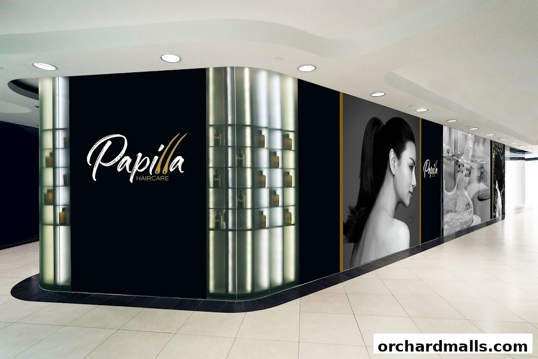 The exterior of Papilla Haircare shop with elegant branding and product displays.