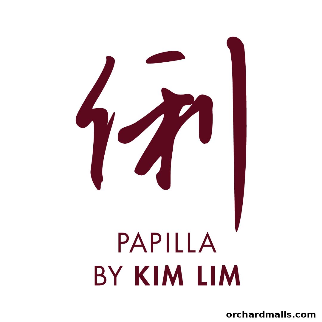 The logo for Papilla By Kim Lim features a large, stylized Chinese character in burgundy on a black background.