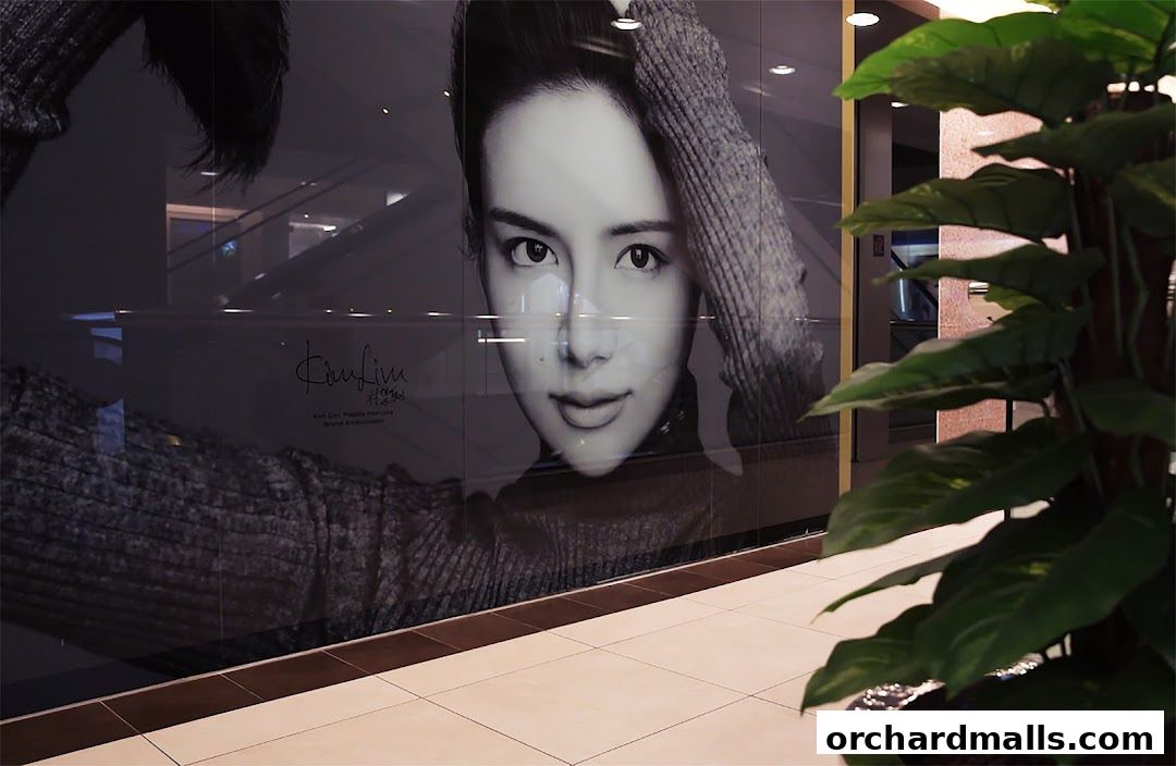 A large black and white portrait of a woman on a shop window with a plant in the foreground.