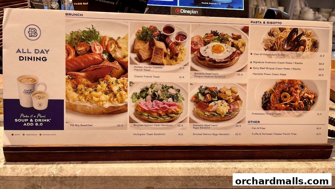 A menu display featuring brunch, pasta, risotto, and other dishes with enticing food photography.