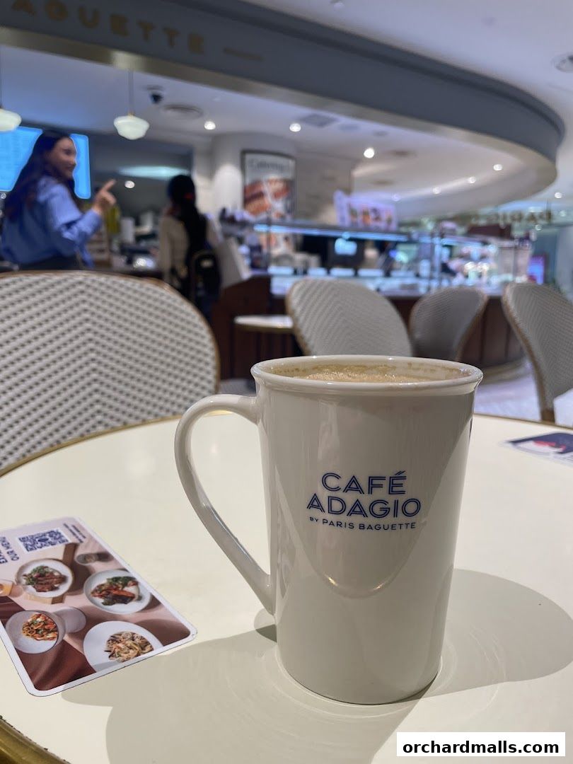 A white mug with 'Café Adagio by Paris Baguette' logo sits on a table next to a menu card.