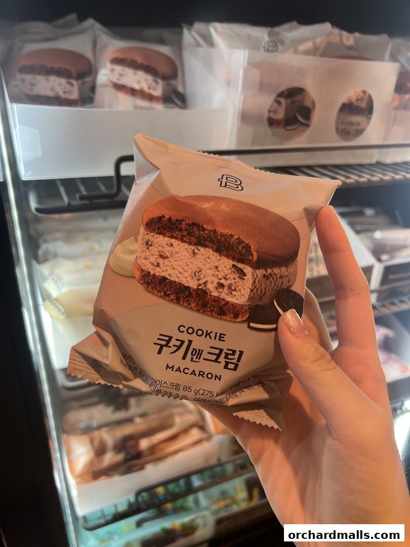 A hand holds a packaged cookie and cream macaron ice cream from Paris Baguette.