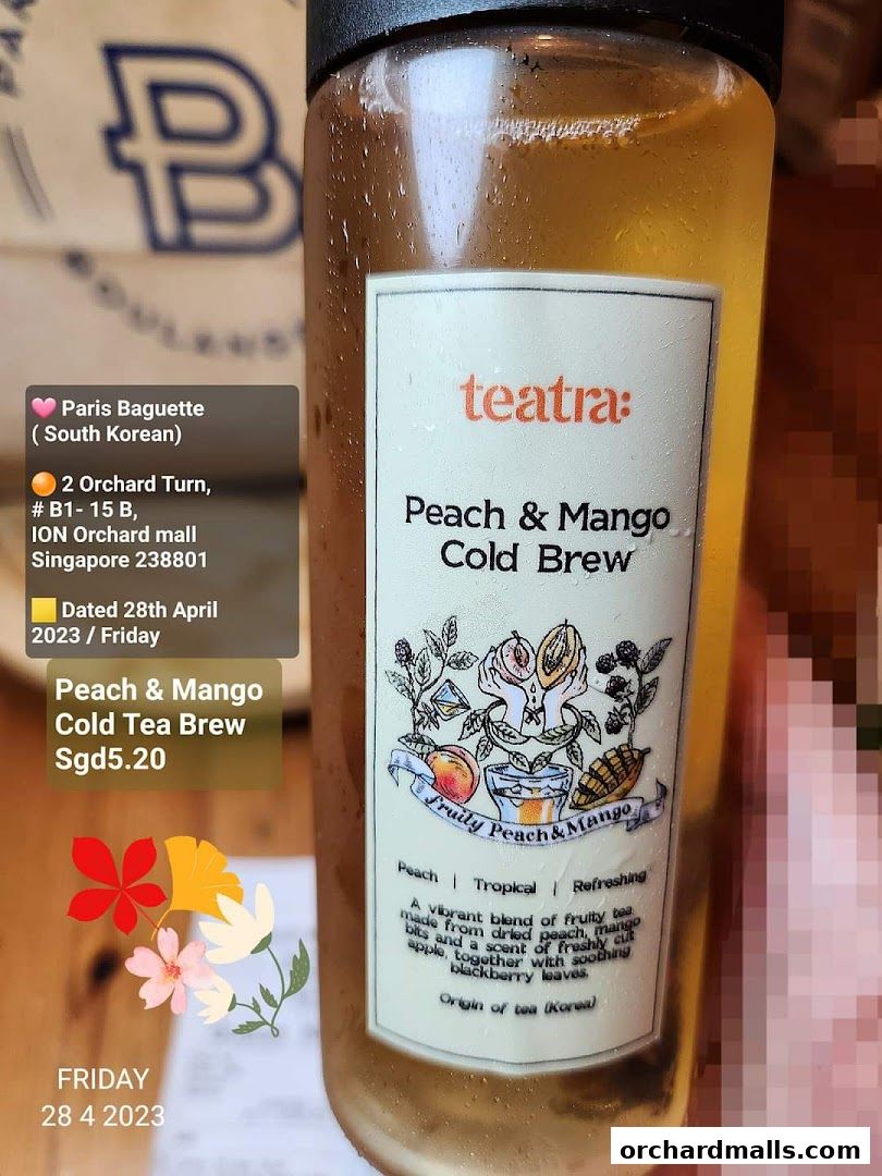A bottle of Paris Baguette Peach & Mango Cold Tea Brew with its details and price.