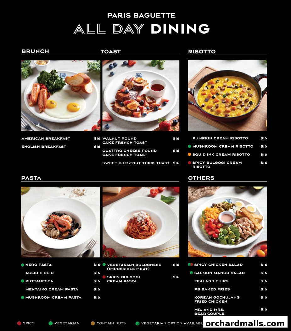 A menu from Paris Baguette showcasing brunch, toast, risotto, pasta, and other dishes with prices.
