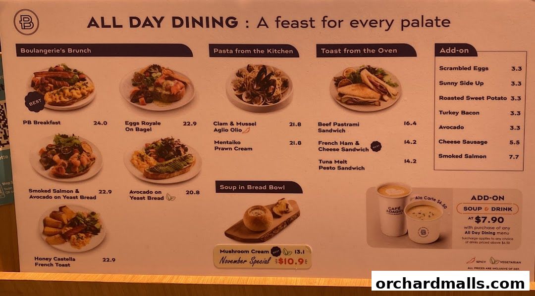 A menu from Paris Baguette showcasing all-day dining options with various brunch, pasta, and sandwich dishes.
