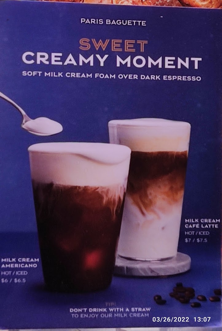 Menu page for Paris Baguette