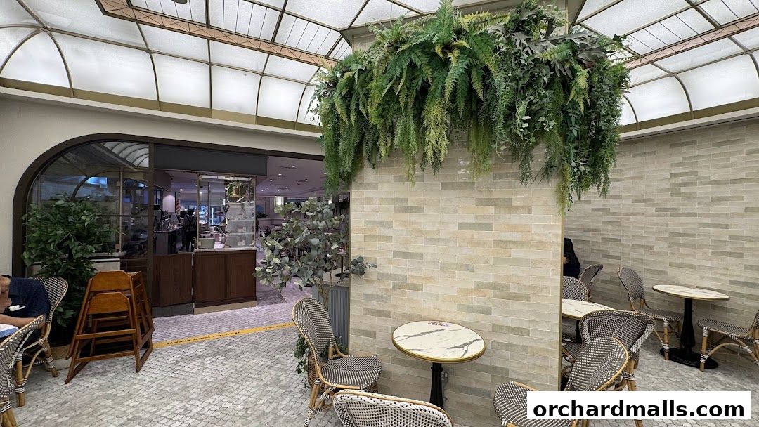 Interior seating area of Paris Baguette with tables, chairs, and lush greenery.