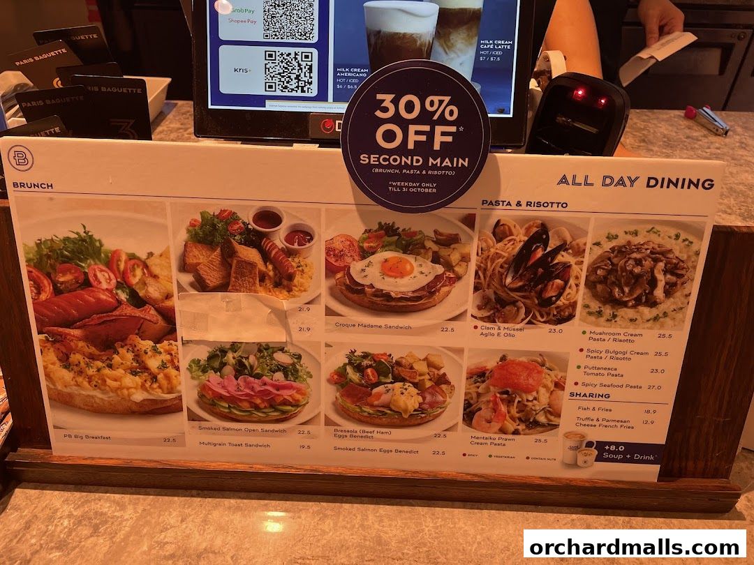 A menu from Paris Baguette showcasing brunch, pasta, risotto, and sharing dishes with prices.