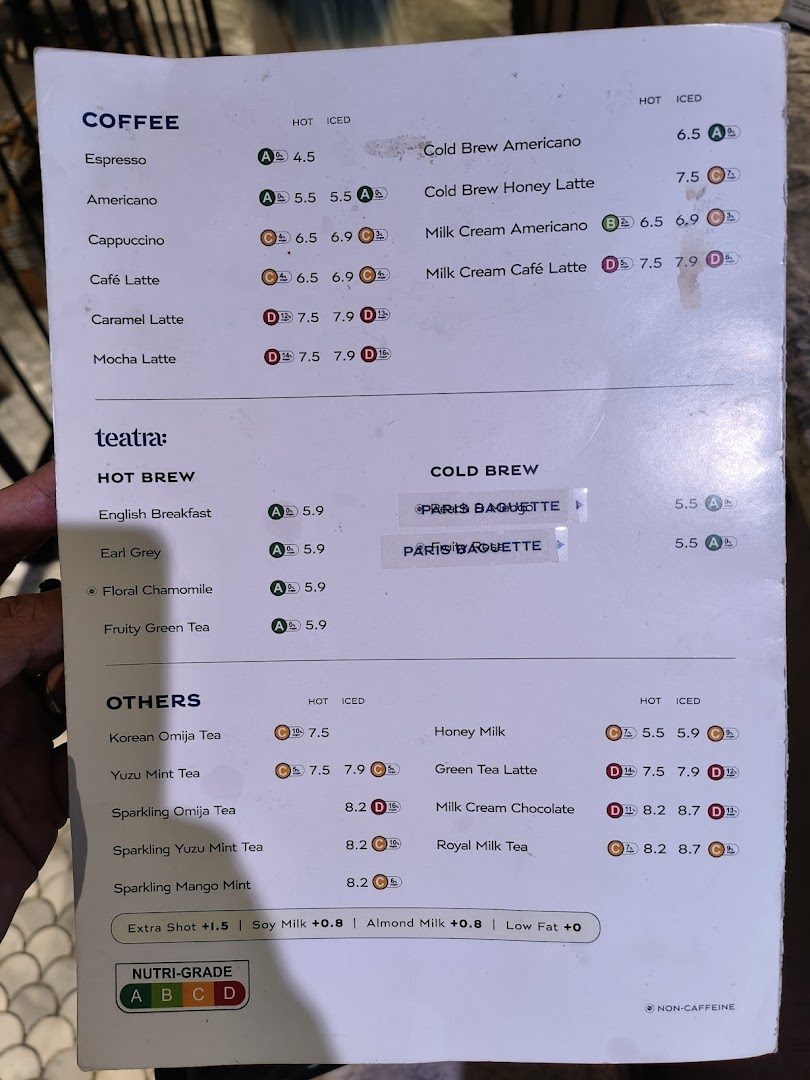 Menu page for Paris Baguette