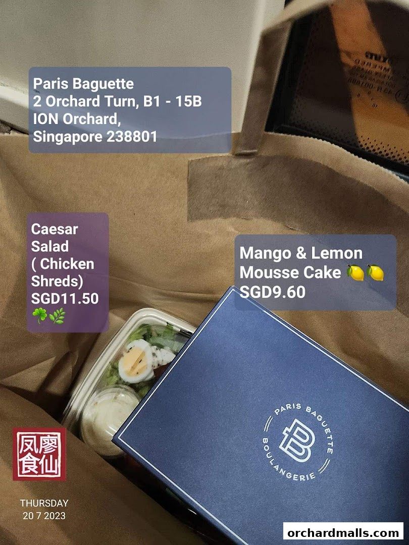 Paris Baguette takeaway items including a Caesar salad and a Mango & Lemon Mousse Cake.