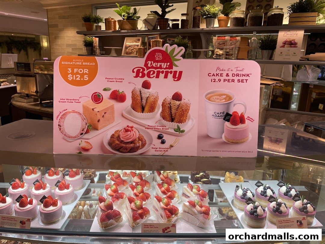 A display of delicious pastries and cakes at Paris Baguette, featuring strawberry and blueberry desserts.