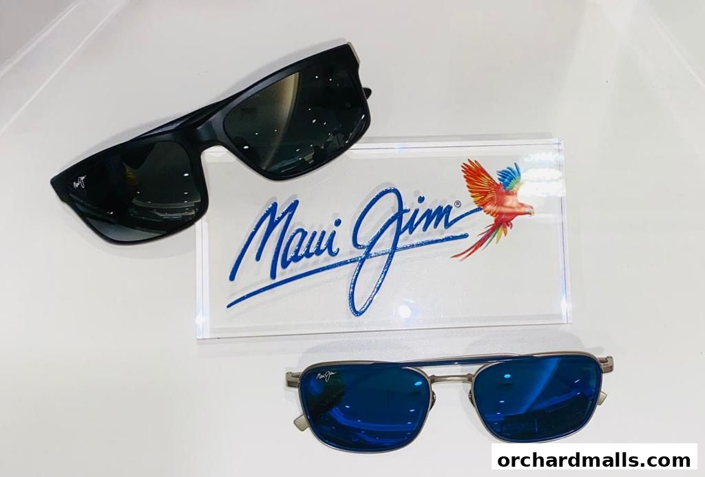 Two pairs of Maui Jim sunglasses displayed with their logo.