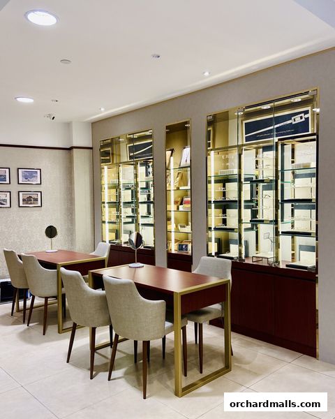 Interior of an optician's shop with display cases and consultation tables.