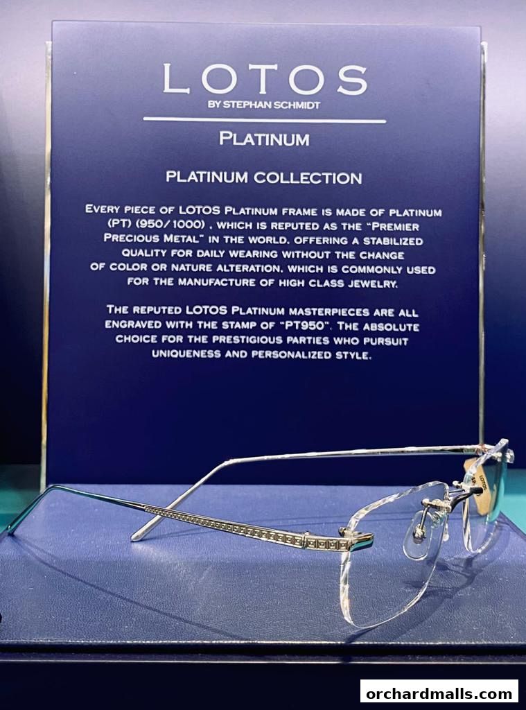 A display of exquisite LOTOS platinum eyeglasses from the Platinum Collection.