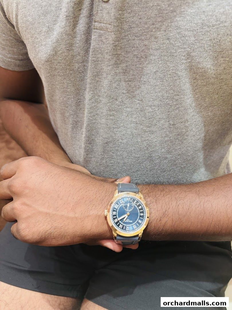 A person wearing a luxurious Patek Philippe watch with a blue dial and gold casing.