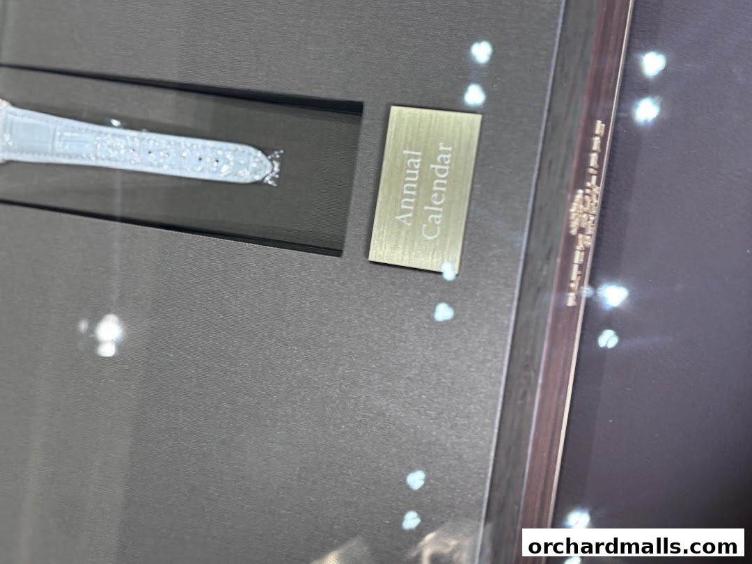 A close-up of a Patek Philippe watch strap with a label indicating 'Annual Calendar'.
