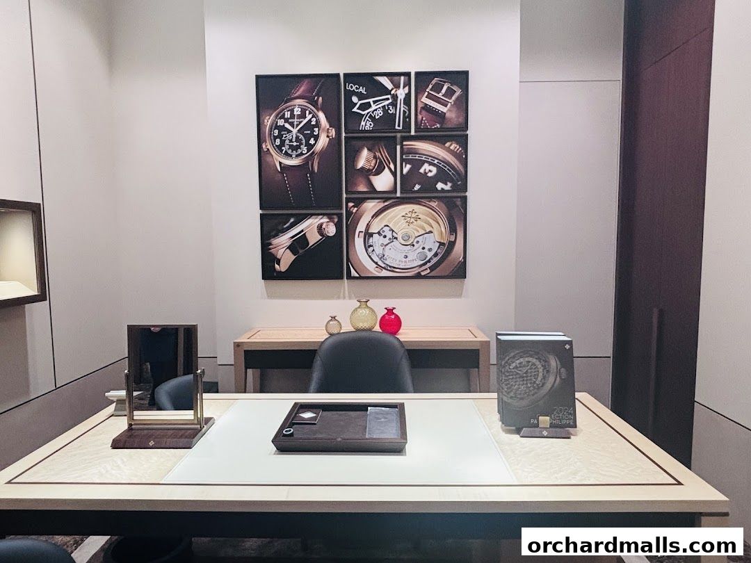 Interior view of a Patek Philippe boutique with display table and watch imagery on the wall.