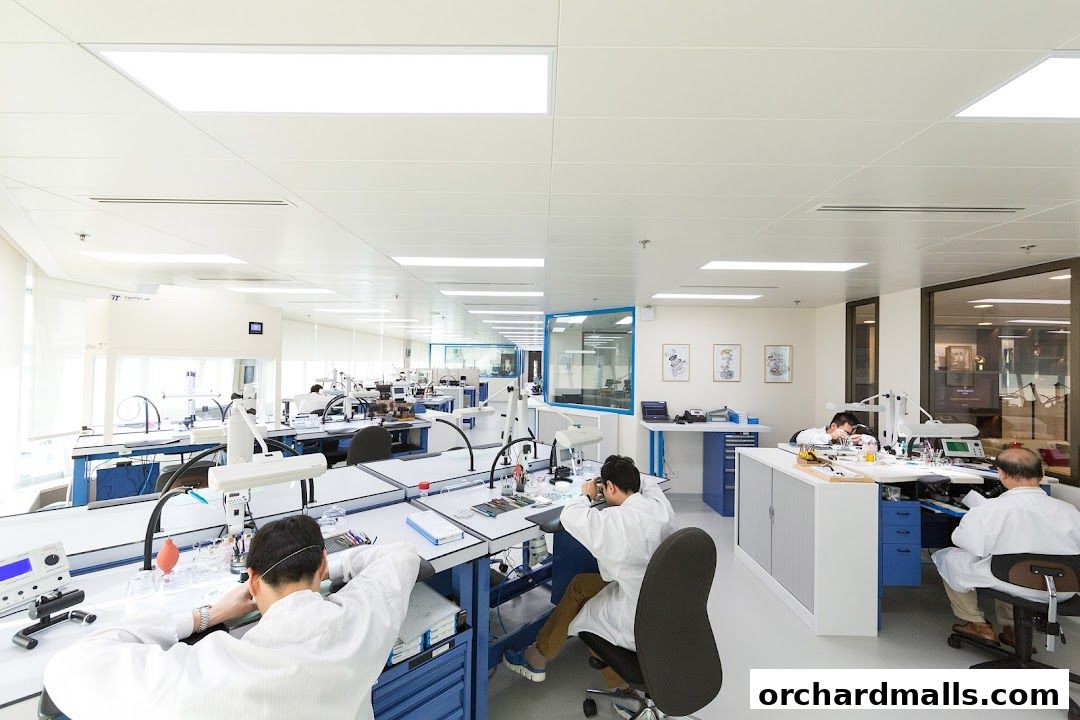 Watchmakers meticulously working on intricate timepieces in a bright, modern workshop.