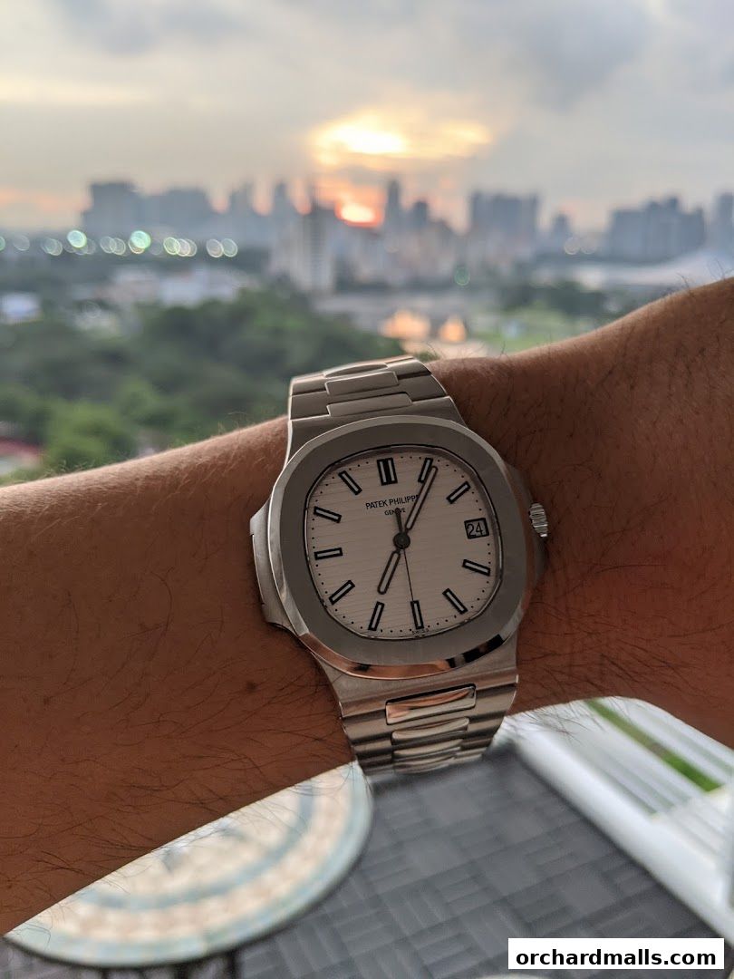 A Patek Philippe watch on a wrist with a city skyline at sunset in the background.
