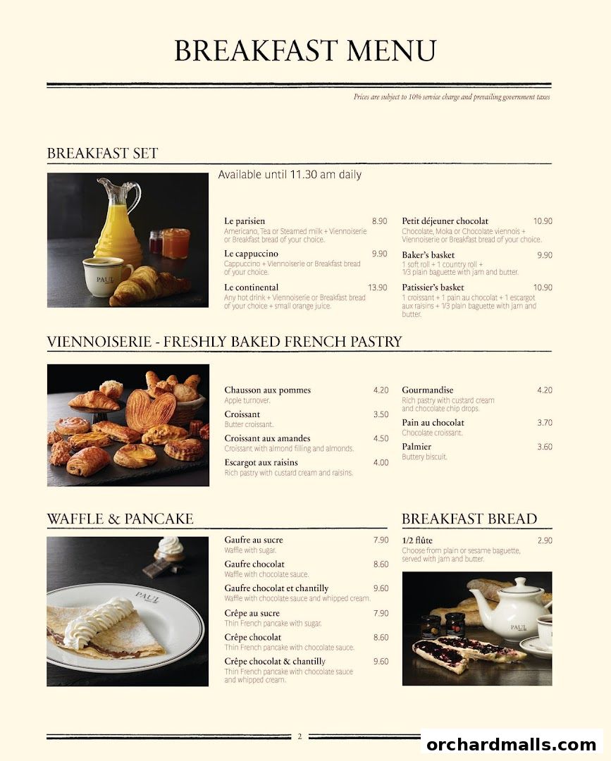 A breakfast menu from PAUL featuring pastries, waffles, pancakes, and bread.