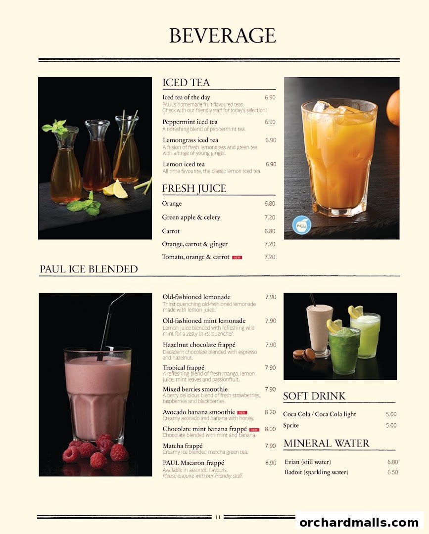 A menu page from PAUL featuring beverages like iced teas, fresh juices, frappés, and soft drinks.