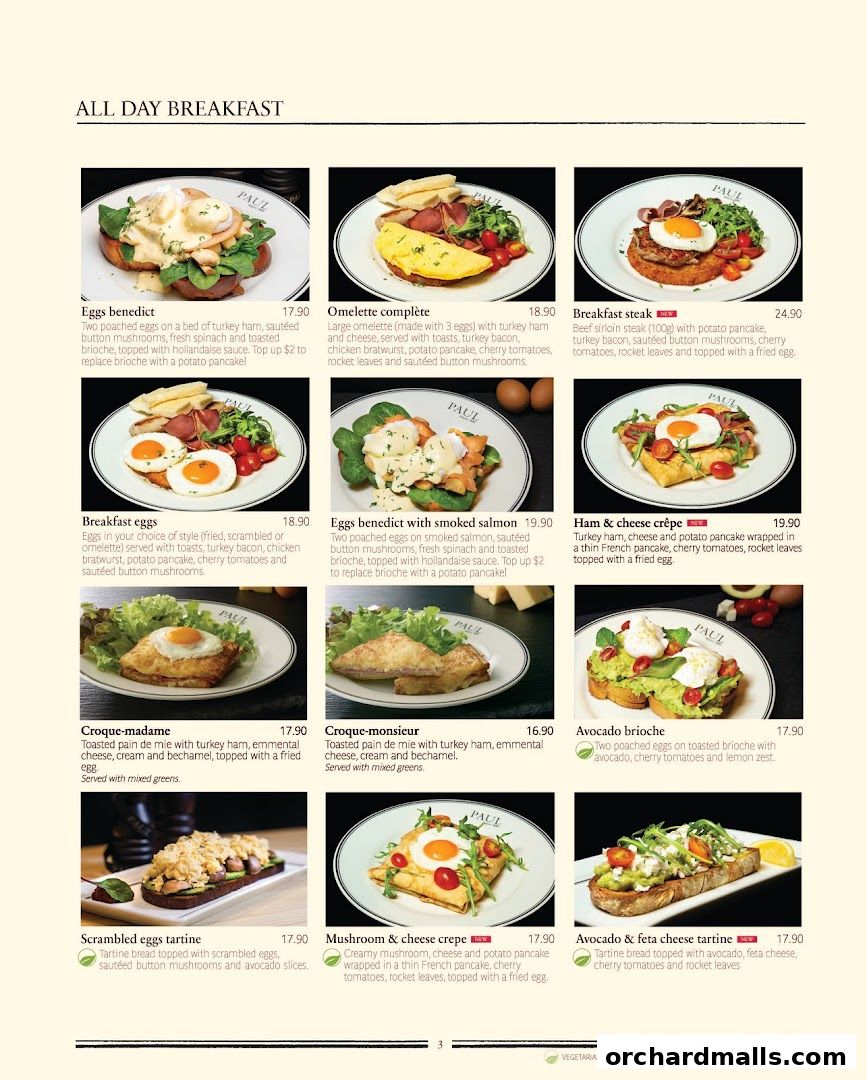 A menu page from PAUL featuring various all-day breakfast dishes with descriptions and prices.