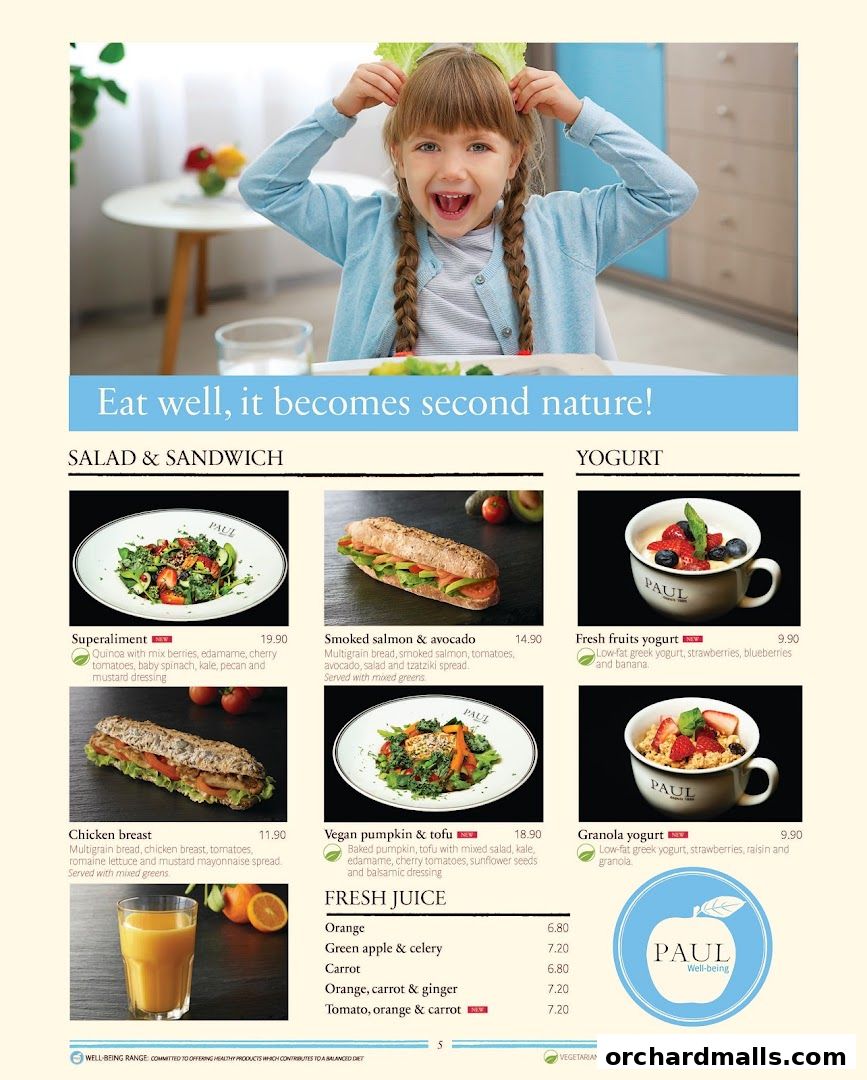 A menu from PAUL featuring salads, sandwiches, yogurts, and fresh juices.