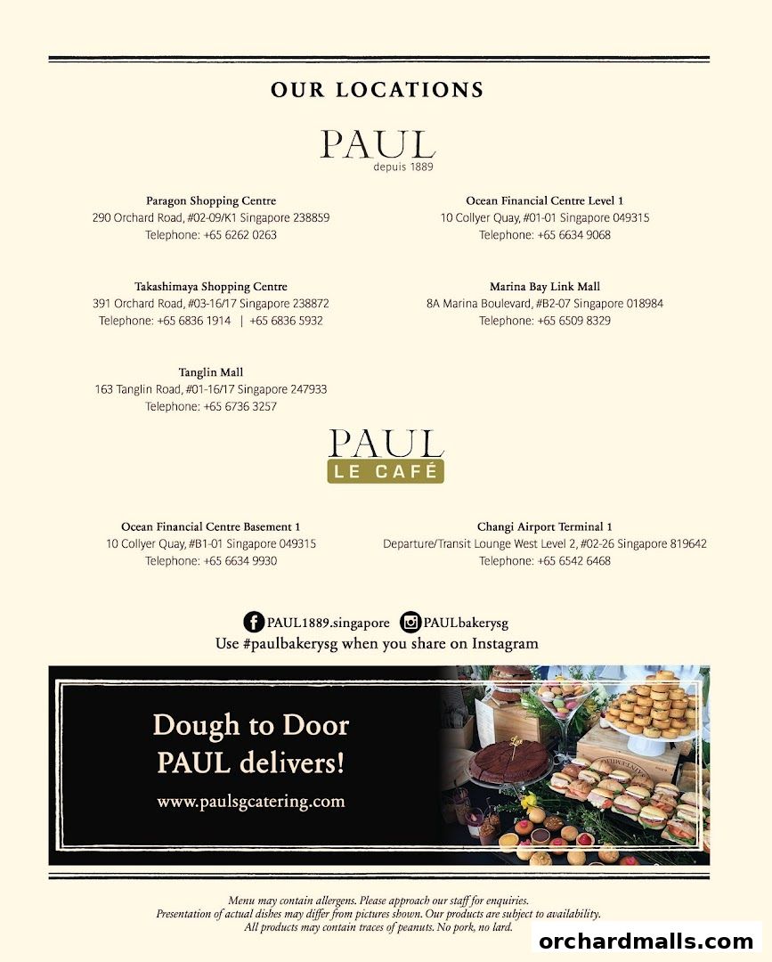 A list of PAUL bakery locations and catering information with a promotional image.