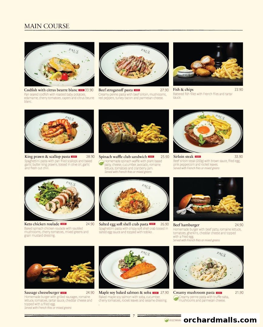 A menu page from PAUL featuring main course dishes with images and descriptions.