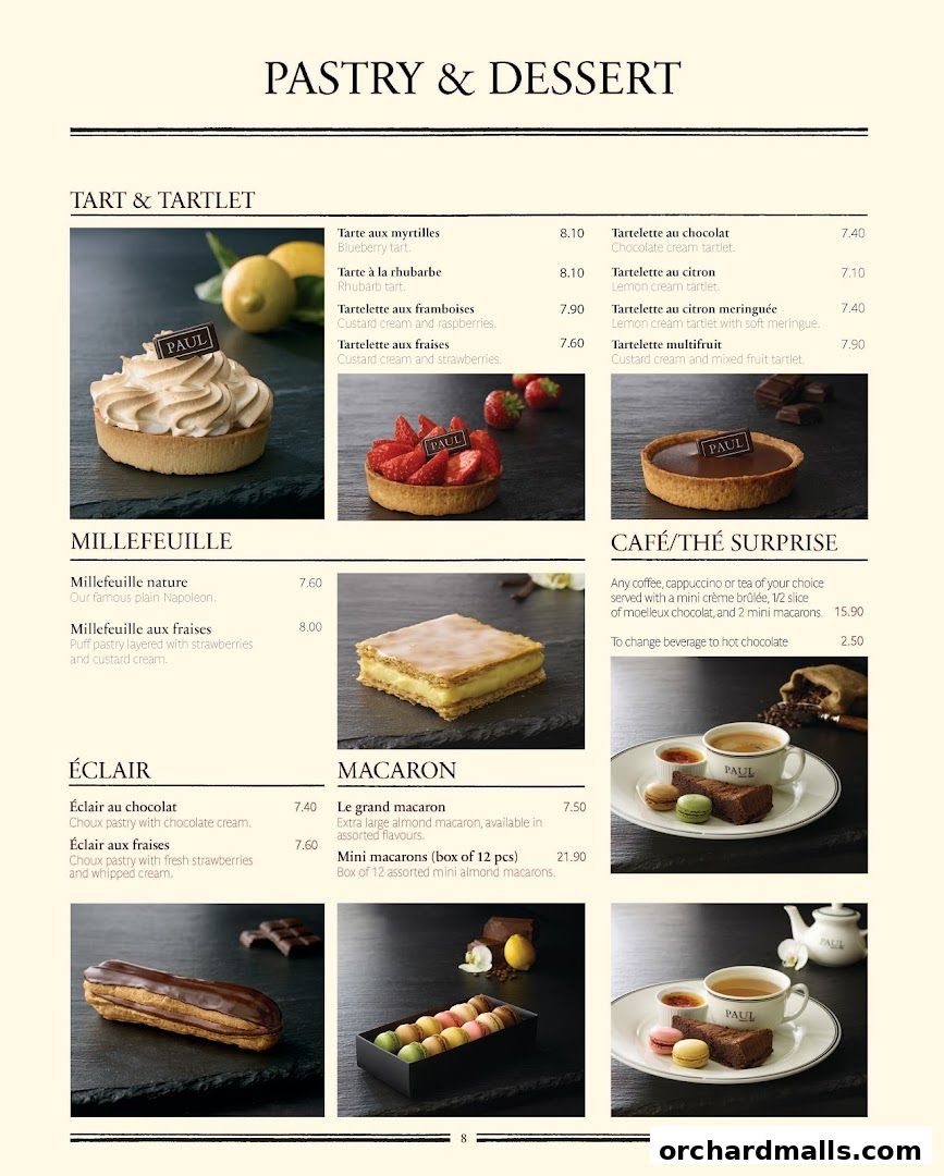 A menu page from PAUL featuring pastries, tarts, eclairs, macarons, and coffee/tea options.