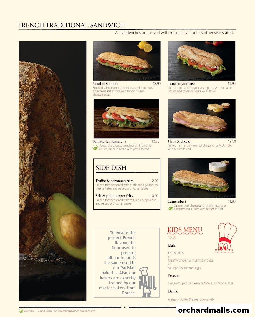 A menu page from PAUL featuring traditional French sandwiches, side dishes, and a kids' menu.
