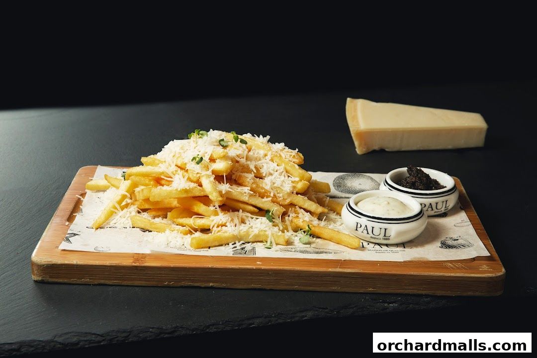A pile of crispy french fries topped with grated cheese and herbs, served with dips.
