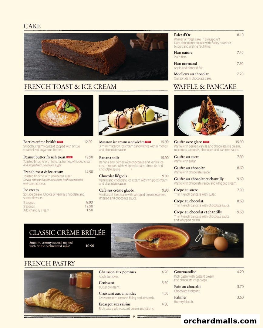 A menu page from PAUL featuring cakes, French toast, ice cream, waffles, pancakes, and French pastries.