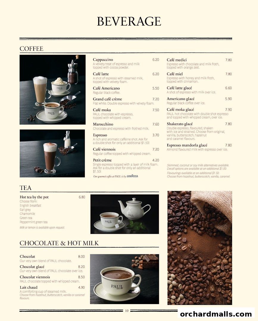 A menu page from PAUL featuring beverages like coffee, tea, and hot chocolate.