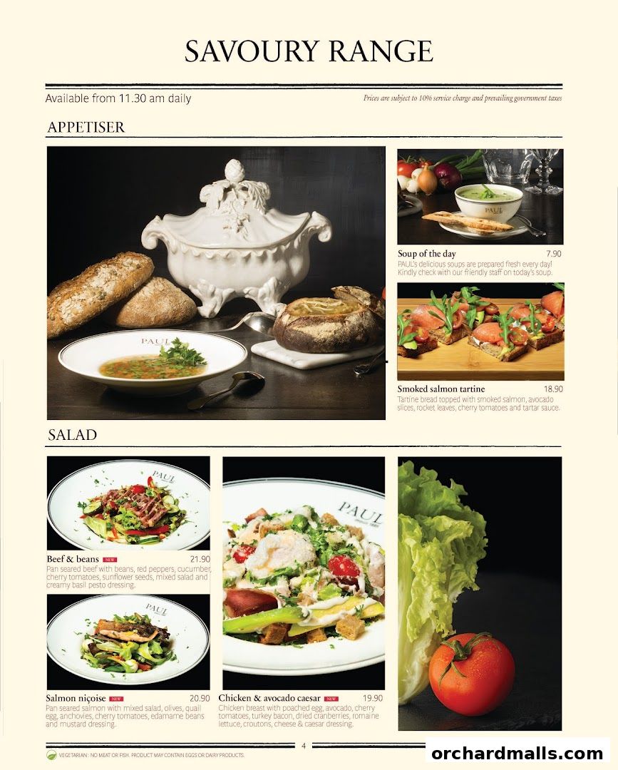 A menu page from PAUL featuring their Savoury Range, including appetizers and salads.