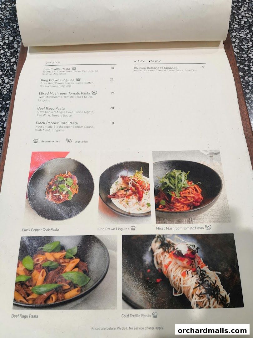 A menu from Pazzion Cafe featuring pasta dishes and a kids' meal option.