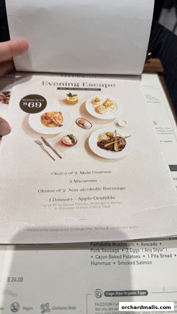 A menu page from Pazzion Cafe featuring an 'Evening Escape' set dinner for two.