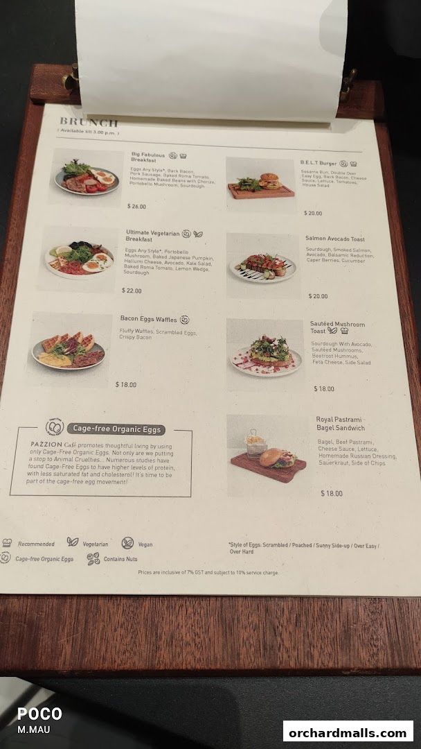 A menu for Pazzion Cafe's brunch selection, featuring various breakfast and sandwich options.