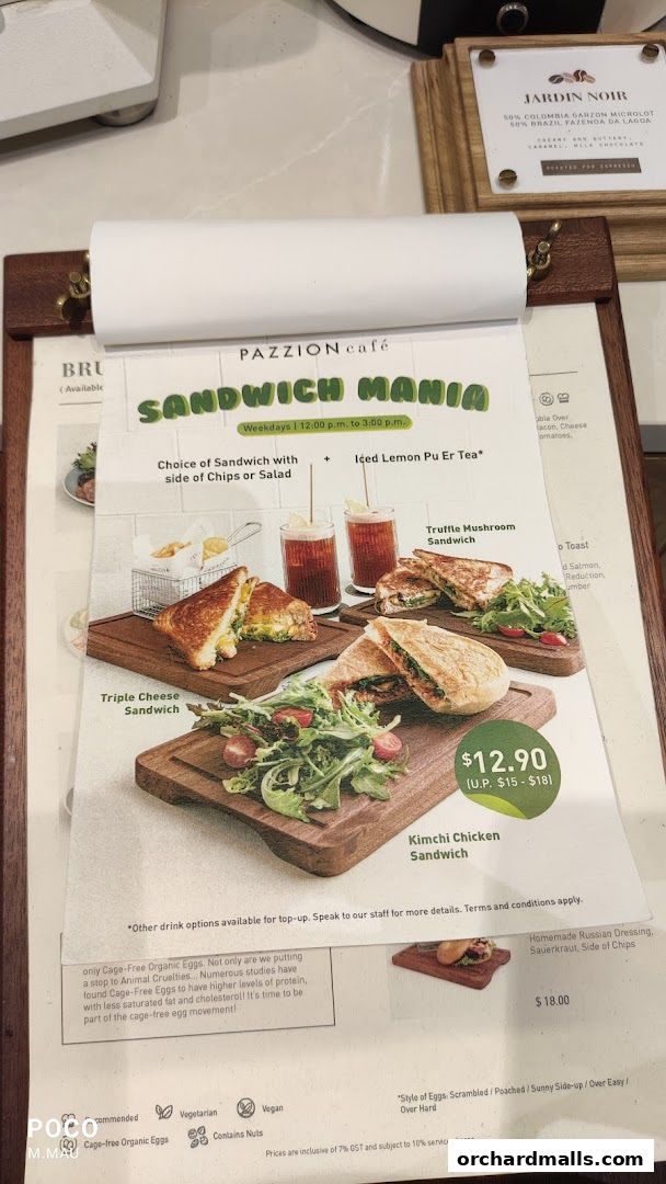 A menu showcasing Pazzion Cafe's Sandwich Mania with various sandwich options and drinks.