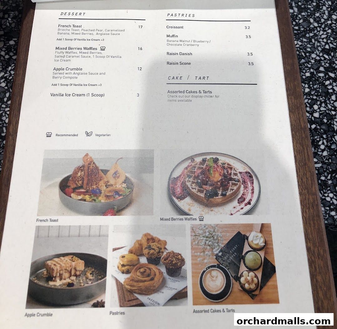 A menu page from Pazzion Cafe featuring desserts, pastries, cakes, and tarts with accompanying images.