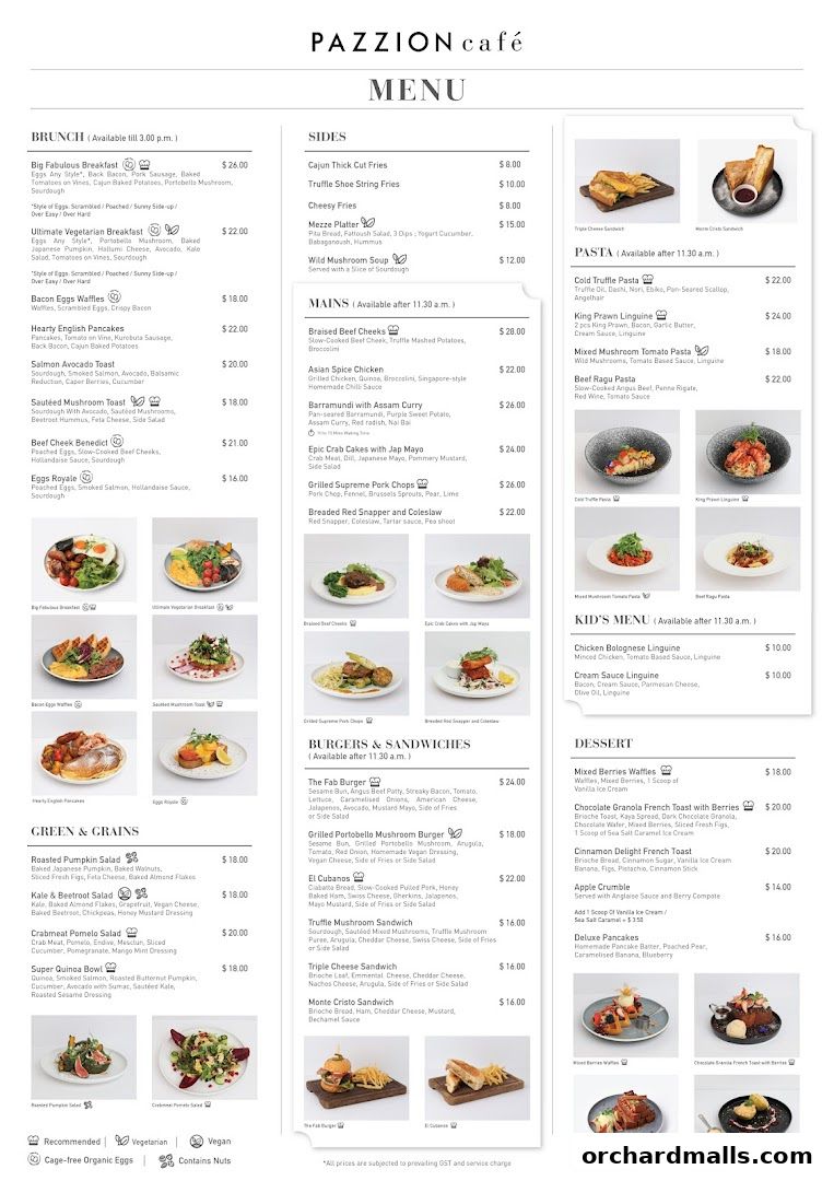 A menu for Pazzion Cafe featuring brunch, mains, sides, pasta, burgers, kids' meals, and desserts.