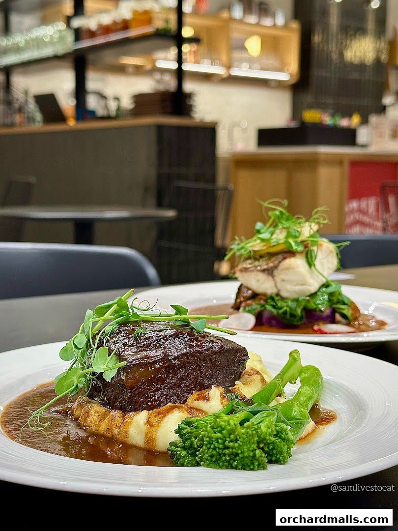 Gourmet dishes of braised beef and fish served at Pazzion Cafe.