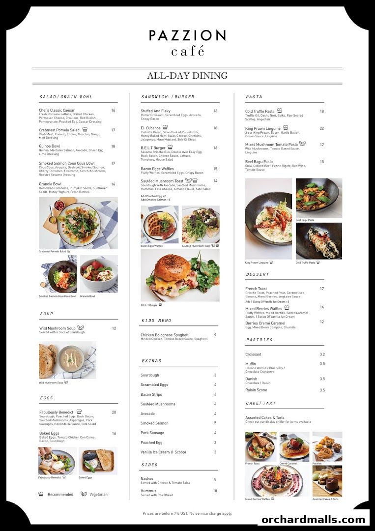 A menu from Pazzion Cafe featuring all-day dining options like salads, sandwiches, pasta, and desserts.