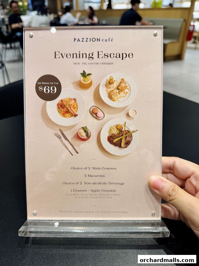 A menu for Pazzion Cafe's 'Evening Escape' set dinner for two.