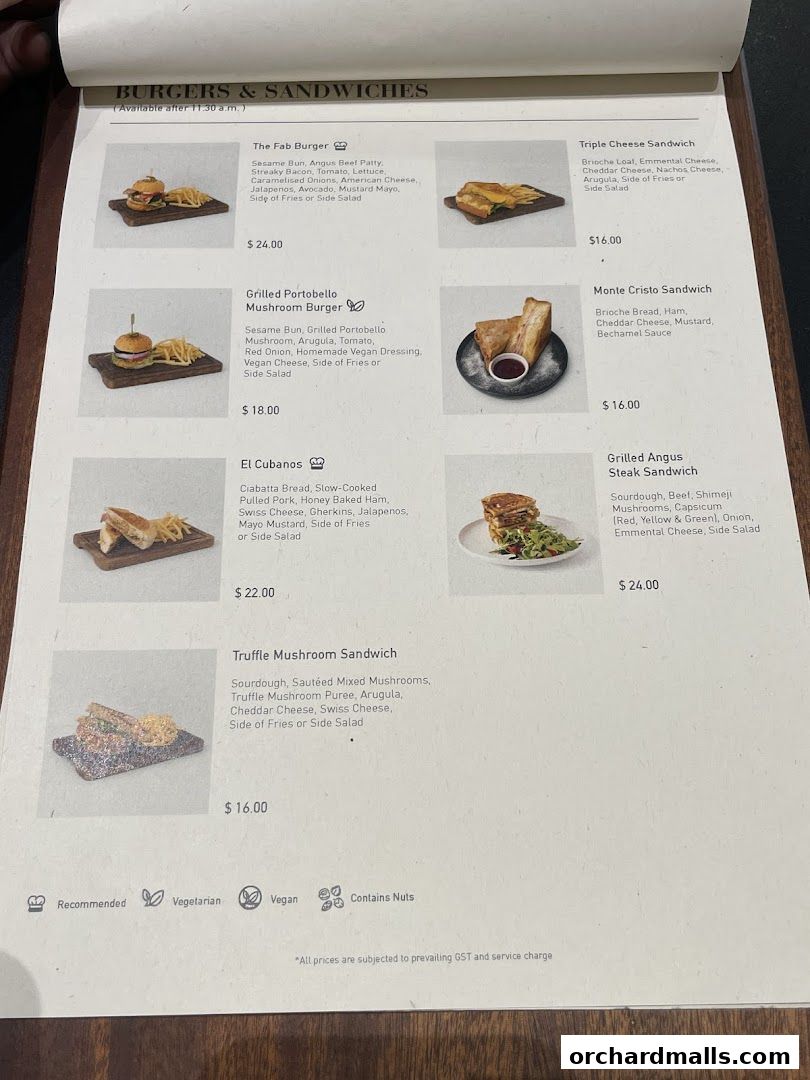 A menu page from Pazzion Cafe featuring burgers and sandwiches with descriptions and prices.