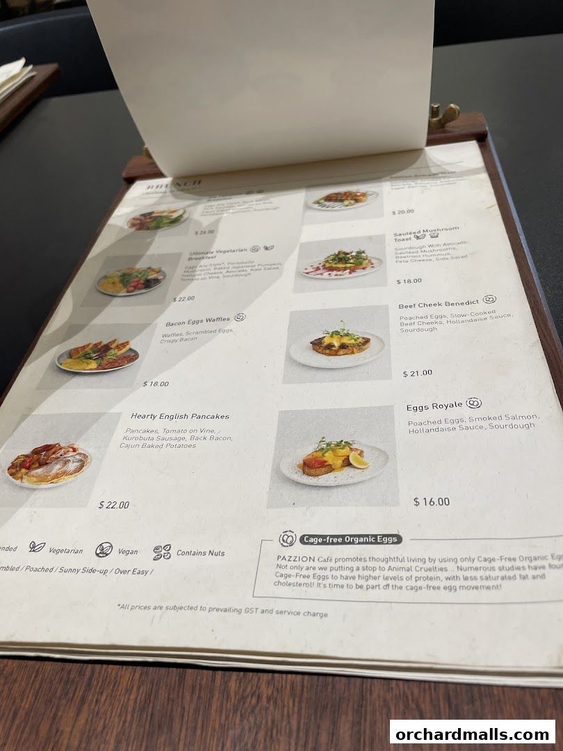 A menu from Pazzion Cafe featuring brunch items like pancakes, waffles, and benedicts.